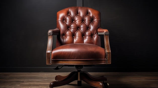 Une chaise de bureau en cuir vintage avec accoudoirs et roues en bois