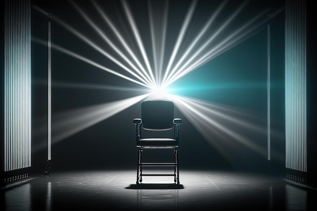 Une chaise de bureau dans un faisceau de lumière de studio au milieu d'une pièce sombre une scène cinématographique Concept de vacance libre leadership candidat idéal généré par l'IA