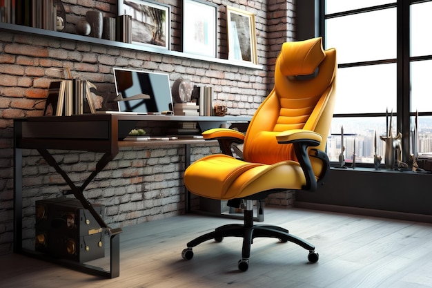 Une chaise de bureau jaune assise devant une fenêtre Image AI générative