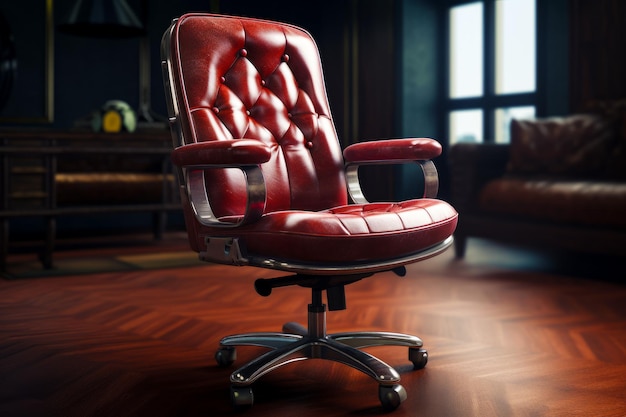 Chaise de bureau rouge assise sur un plancher en bois dur à côté de la fenêtre Generative AI