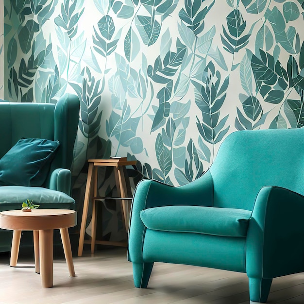Chaise et canapé turquoise à l'intérieur du salon vert avec papier peint à feuilles et table Photo réelle