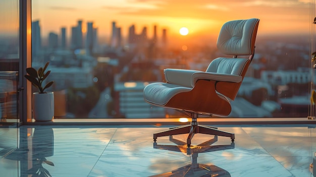 Une chaise chère dans un bureau en verre surplombant la ville.