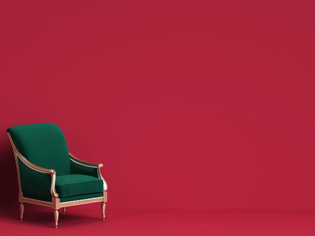 Chaise classique en vert émeraude et or sur mur rouge avec espace copie