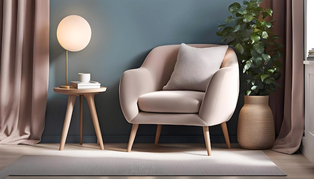 Une chaise confortable avec une couverture douce et un oreiller près d'une table de chevet avec une lampe scandinave