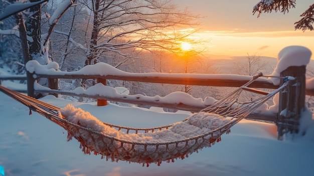 Une chaise avec une couverture de fourrure sur un porche d'une cabane en rondins avec de la neige, une couverture chaude et de la lecture, un week-end de détente en hiver froid.