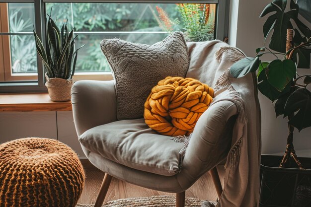 Chaise avec couverture et plante en pot IA générative