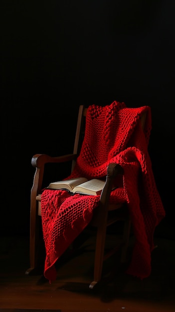 Une chaise avec une couverture rouge et un livre.