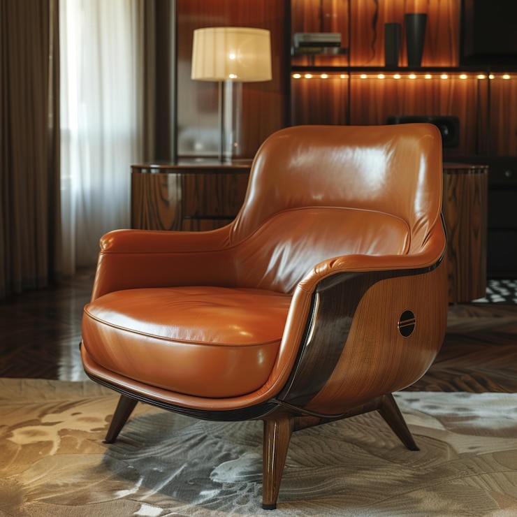 Photo une chaise en cuir brun est assise dans une pièce avec une lampe sur le mur