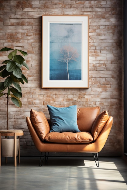 Chaise en cuir brun avec oreiller bleu devant le mur de brique avec peinture encadrée de l'arbre au-dessus