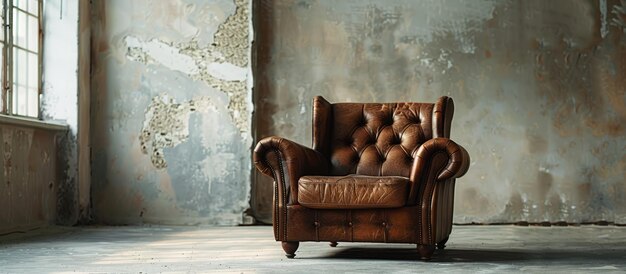 Une chaise en cuir brun vintage dans une pièce vide