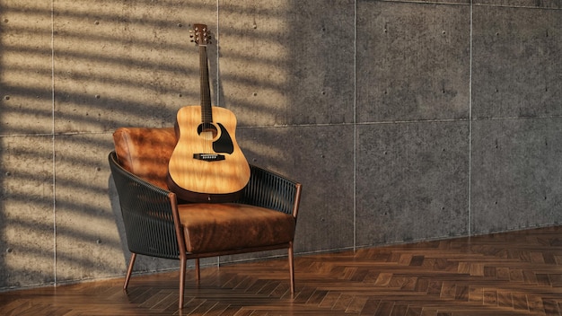Photo chaise en cuir marron avec la guitare