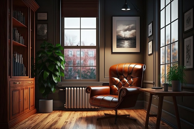 Chaise en cuir marron et parquet dans une salle d'étude confortable créée avec une IA générative
