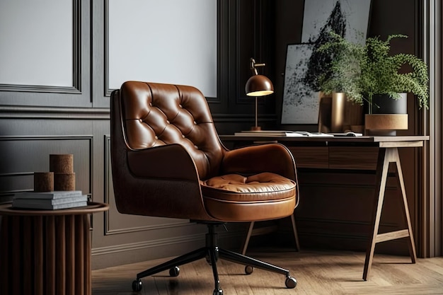 Chaise en cuir marron avec pieds et accoudoirs en bois dans un bureau moderne créé avec une IA générative