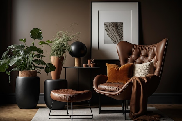 Une chaise en cuir marron avec un pouf moelleux dans un salon minimaliste créé avec une IA générative