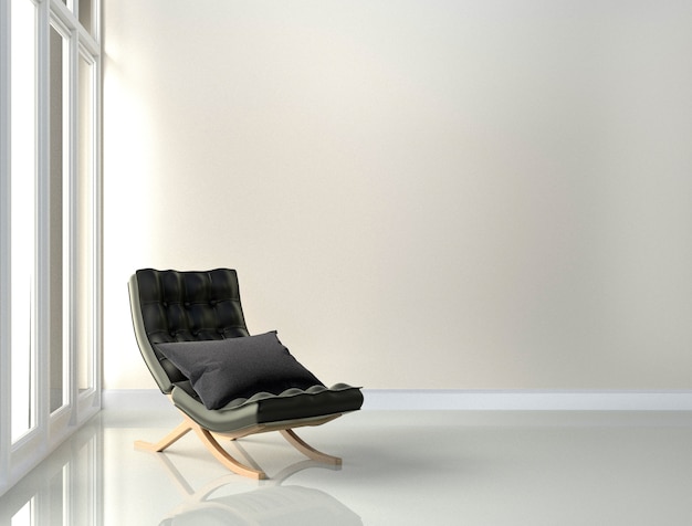 Chaise en cuir noir - intérieur de la salle sur fond de mur blanc. Rendu 3D