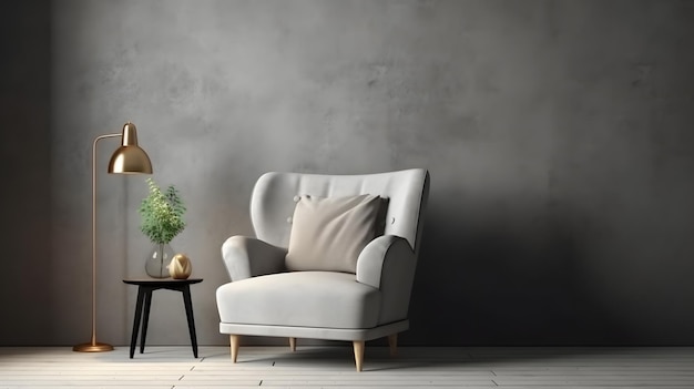 Une chaise dans une pièce avec une lampe sur la table.