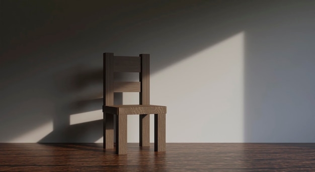 Chaise dans la salle vide et planchers en bois avec la lumière du soleil projetant des ombres sur les murs vues minimales du design d'intérieur rendu 3D