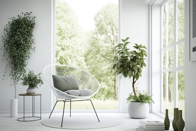 Une chaise dans un salon blanc avec vue sur un peu de verdure Design d'intérieur d'inspiration scandinave