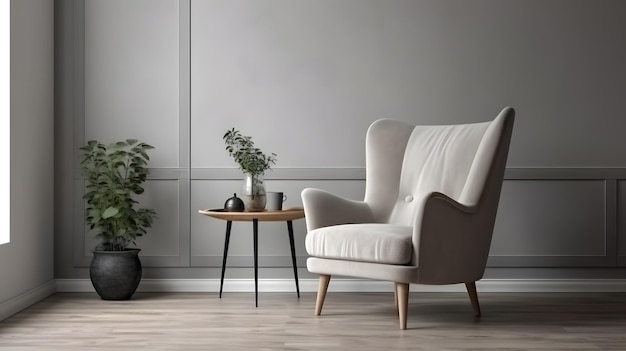 Une chaise dans un salon avec une petite table et une plante sur le côté.