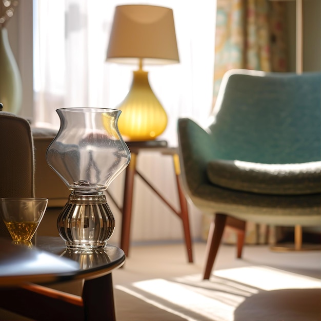 Une chaise dans un salon avec un vase en verre sur une table.