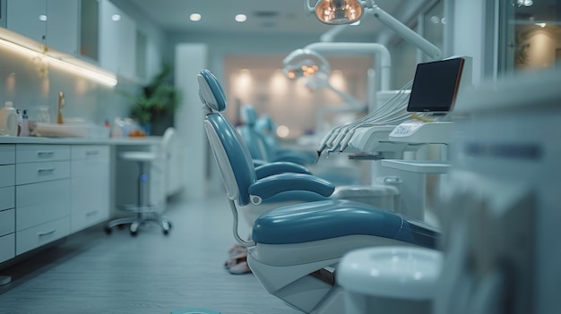 Une chaise de dentiste bleue et blanche dans une pièce bleue