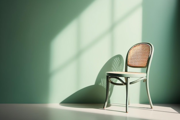 Une chaise devant un mur vert avec le soleil qui brille dessus.