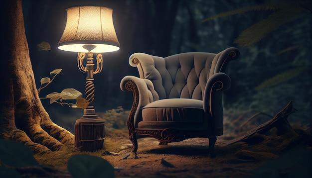 Chaise douce dans les bois avec une lampe un endroit calme Al généré