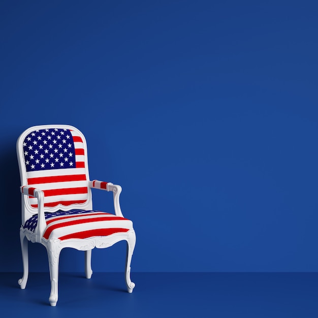 Chaise drapeau USA sur chambre bleue avec espace copie. Rendu 3D