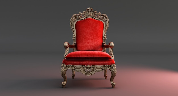 Chaise du trône rouge isolé isolé sur fond sombre. chaise royale rouge, rendu 3d