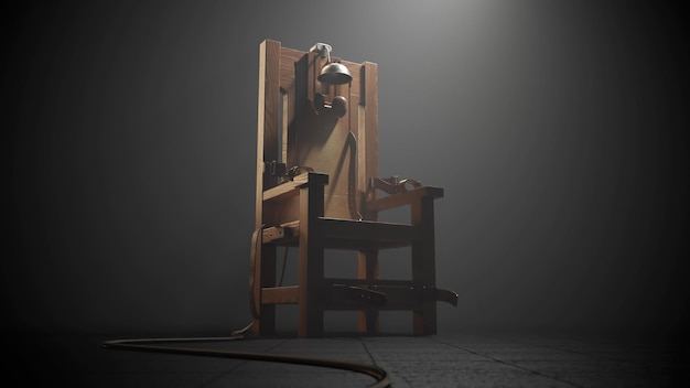 Chaise électrique en bois dans la pièce brumeuse projecteur caméra lente piste en 4K HD