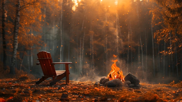 Photo une chaise est assise à côté d'un feu dans les bois.