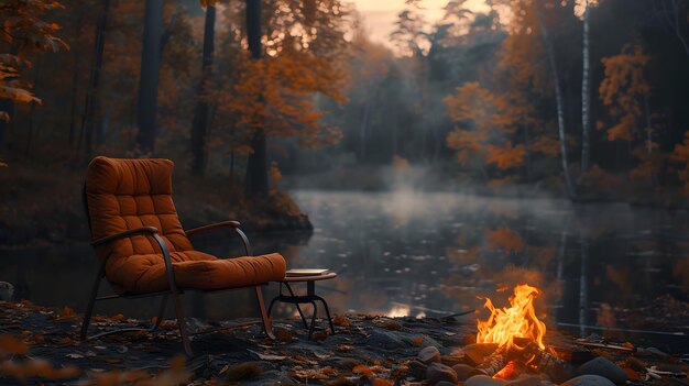 Photo une chaise est assise à côté d'un feu dans les bois.