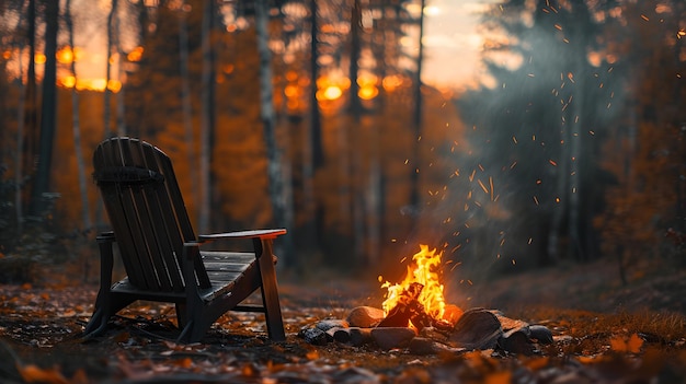 Photo une chaise est assise à côté d'un feu dans les bois.