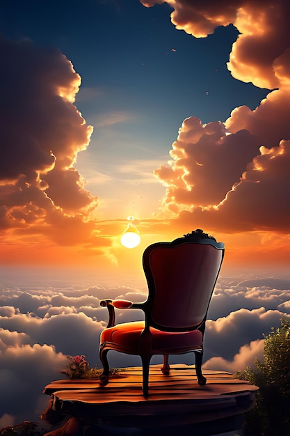 une chaise est assise dans les nuages au premier plan