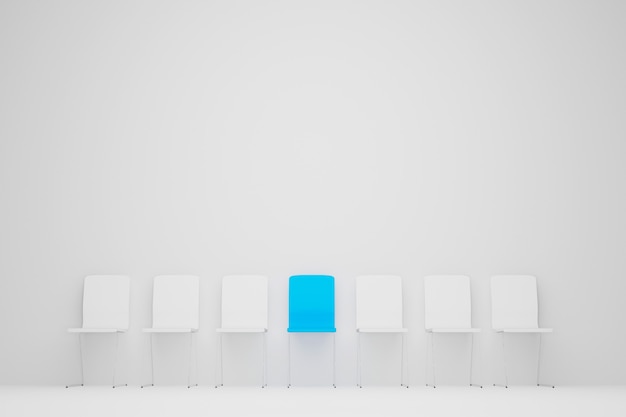 Chaise exceptionnelle en rangée. Chaise bleue se démarquant de la foule. Concept d'entreprise de gestion des ressources humaines et de recrutement. illustration 3D