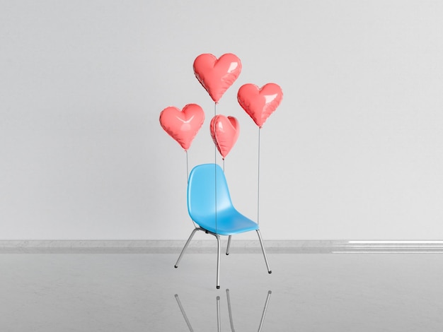 chaise flottant dans les airs avec des ballons en forme de coeur