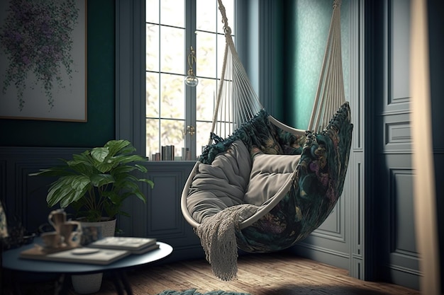 Une chaise hamac confortable dans un cadre chic à l'intérieur d'une maison