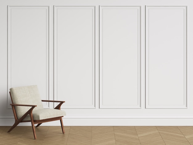 Chaise en intérieur classique avec espace copie. Murs blancs avec moulures. Parquet au sol à chevrons. Rendu 3D