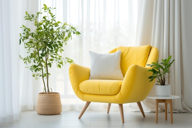 Une chaise jaune assise devant une fenêtre AI