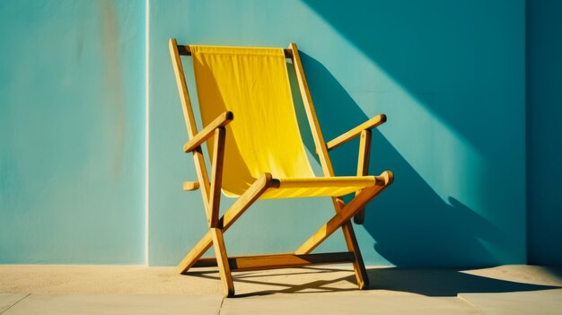 Photo chaise jaune assise devant un mur bleu avec une ombre dessus ai générative