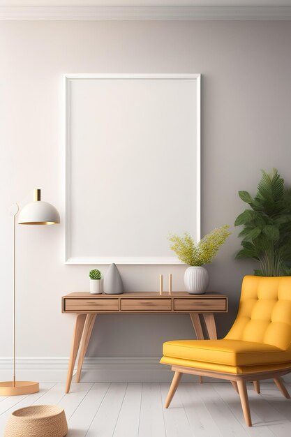 Photo une chaise jaune dans un salon avec un cadre blanc au mur.