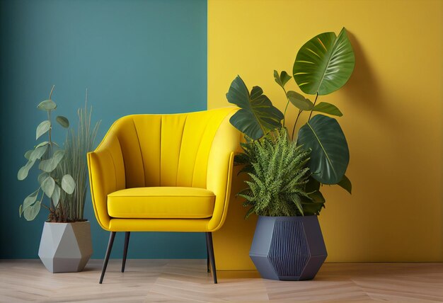 Chaise jaune dans un salon avec un mur bleu et une plante.