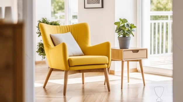 Une chaise jaune dans un salon avec une plante sur la table d'appoint.