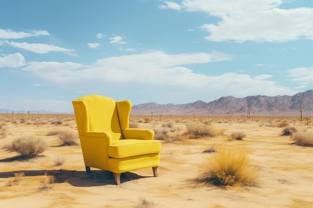 Une chaise jaune est assise dans un désert avec des montagnes en arrière-plan.