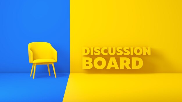 Chaise jaune sur un fond bleu et texte de titre Table de discussion un fond de studio jaune Affaire