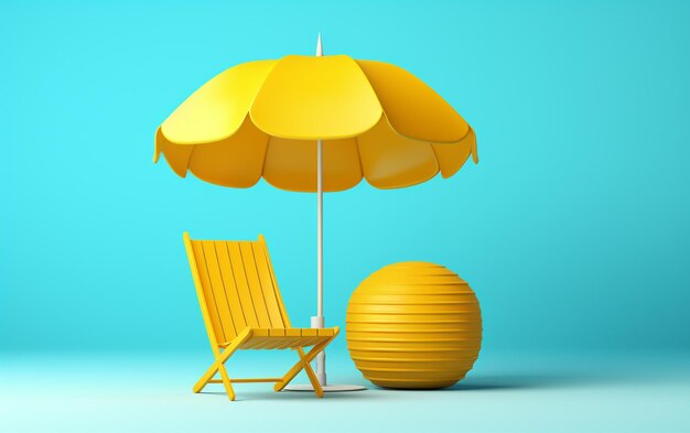 Photo chaise jaune et parapluie sur fond bleu avec une chaise jaune ai générative