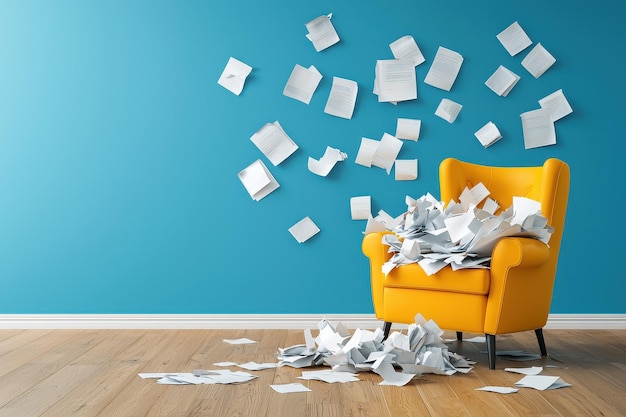 Une chaise jaune vif entourée de papiers éparpillés contre un mur bleu transmettant un sentiment de chaos et de désorganisation dans un espace créatif