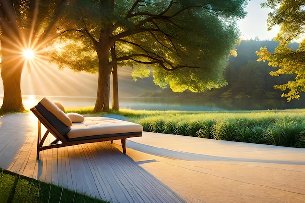 Une chaise longue devant un champ avec un arbre en arrière-plan
