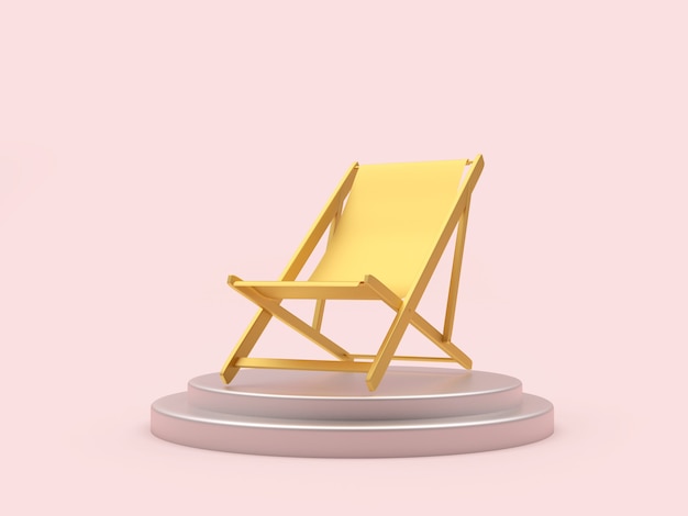 Chaise longue de plage jaune rendu 3D isolé sur podium sur fond rose clair