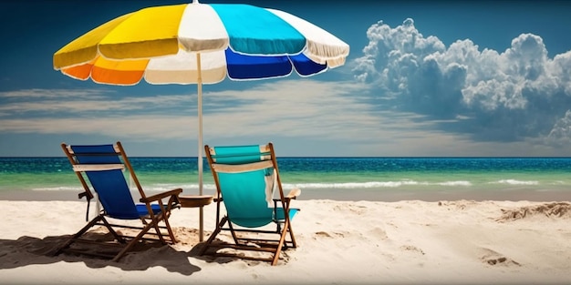 Chaise lounge et parapluie sur la plage de sable